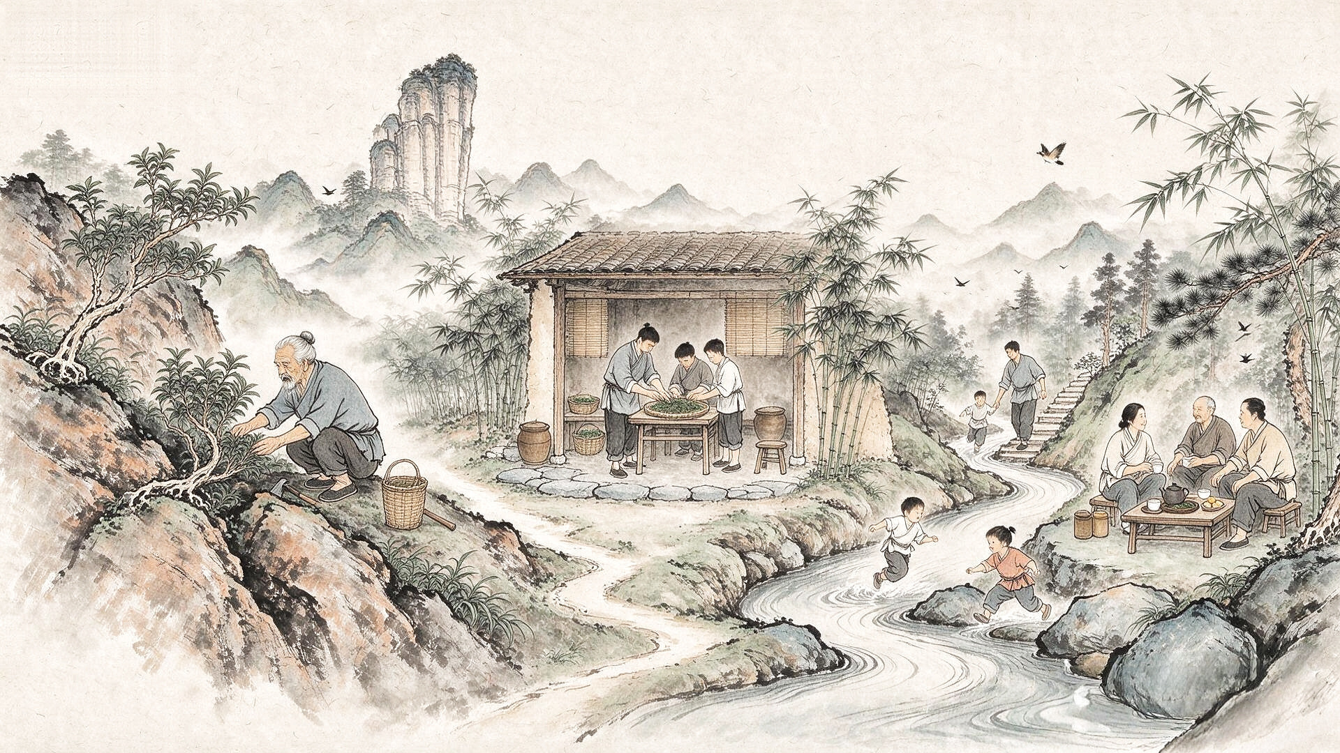 武夷山茶事：老茶人在岩边采茶，作坊里三人制茶，一家人沿石阶走来，溪边孩子玩水，廊下三人围坐饮茶