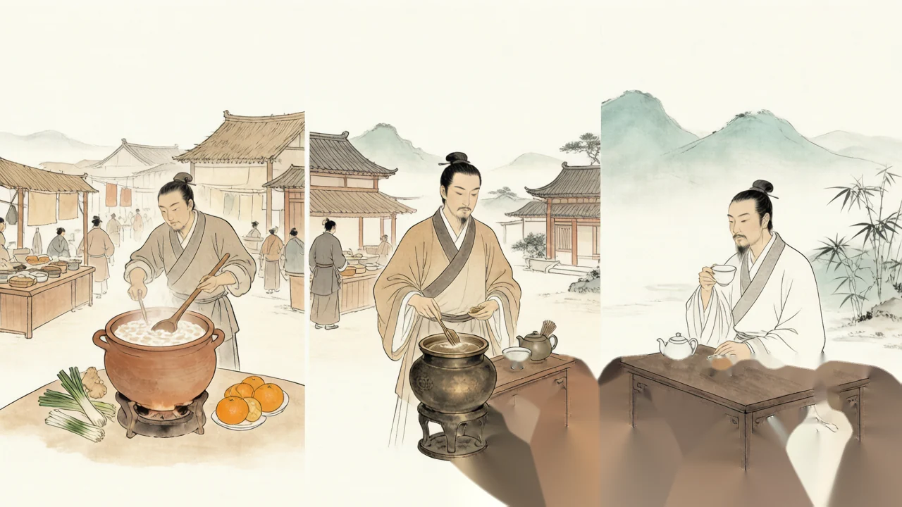 药、食、饮三幕 · AI 意境图，非实拍