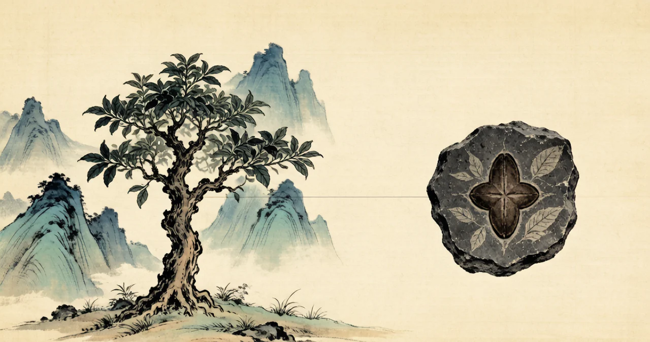 古茶树与茶籽化石对照 · 示意图,非实拍